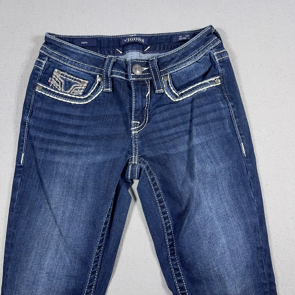 Vigoss Jeans Womens Size 2‎ Capri Blue Heritage Fit Embroidered Pockets Denim